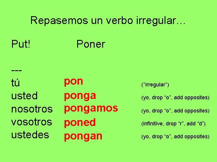 Repasemos un verbo irregular… Put! --tú usted nosotros vosotros ustedes Poner pongamos poned pongan Repasemos un verbo irregular… Put! --tú usted nosotros vosotros ustedes Poner pongamos poned pongan