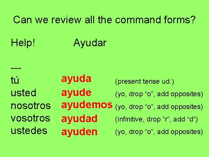 Can we review all the command forms? Help! --tú usted nosotros vosotros ustedes Ayudar Can we review all the command forms? Help! --tú usted nosotros vosotros ustedes Ayudar
