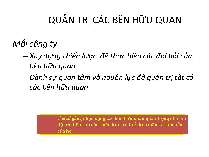 QUẢN TRỊ CÁC BÊN HỮU QUAN Mỗi công ty – Xây dựng chiến lược