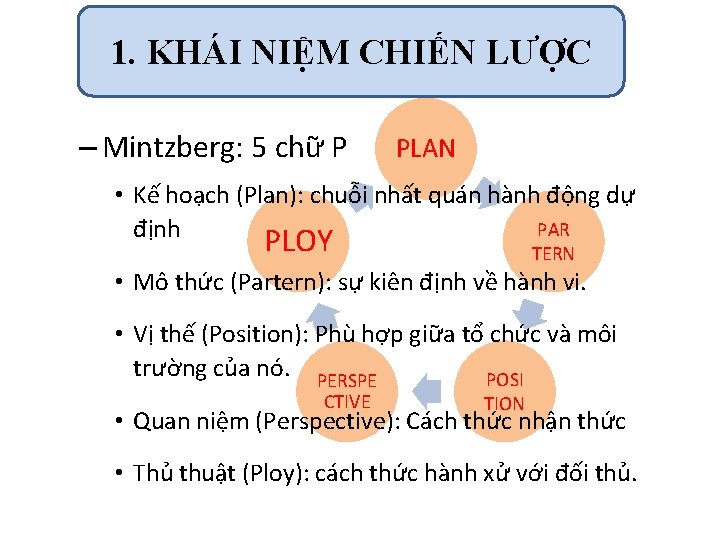 1. KHÁI NIỆM CHIẾN LƯỢC – Mintzberg: 5 chữ P PLAN • Kế hoạch