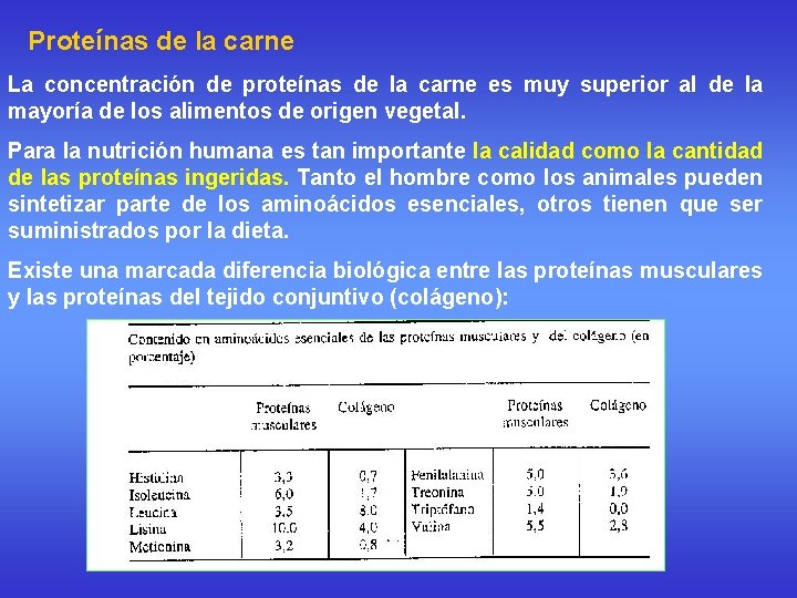 Proteínas de la carne La concentración de proteínas de la carne es muy superior