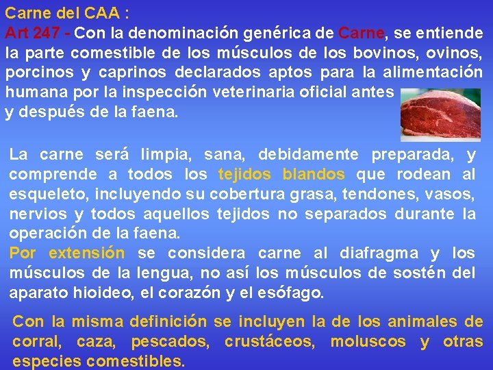 Carne del CAA : Art 247 - Con la denominación genérica de Carne, se