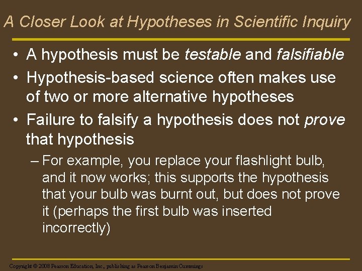 A Closer Look at Hypotheses in Scientific Inquiry • A hypothesis must be testable