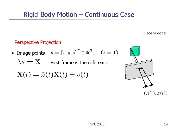 Rigid Body Motion – Continuous Case Image velocities Perspective Projection: • Image points First