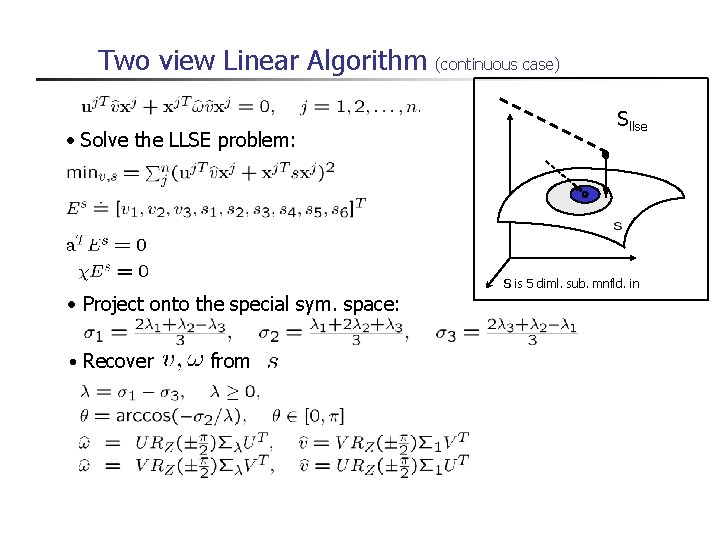 Two view Linear Algorithm (continuous case) Sllse • Solve the LLSE problem: , S