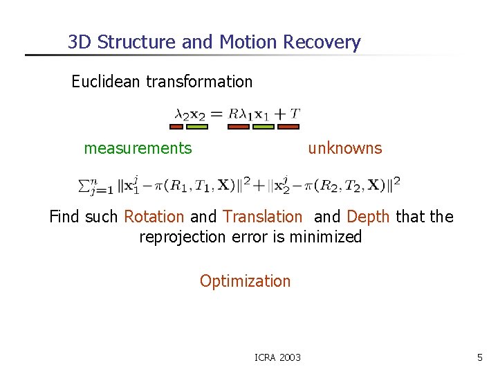 3 D Structure and Motion Recovery Euclidean transformation measurements unknowns Find such Rotation and