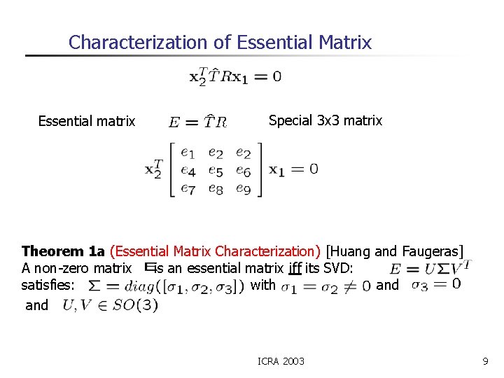 Characterization of Essential Matrix Essential matrix Special 3 x 3 matrix Theorem 1 a
