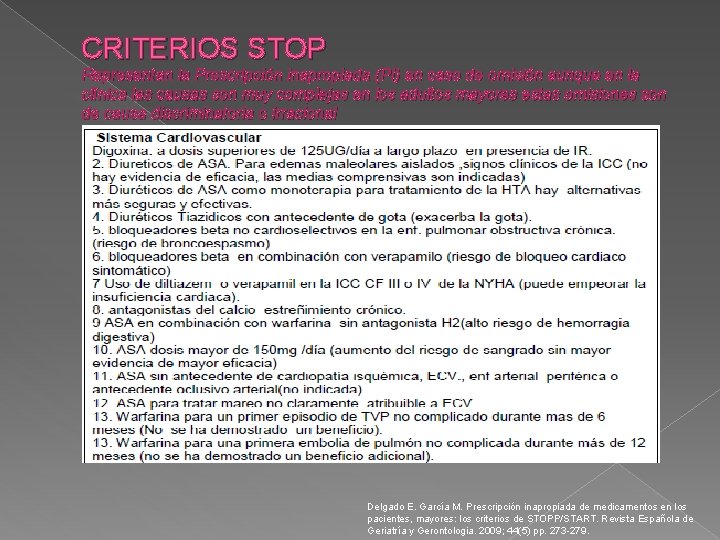 CRITERIOS STOP Representan la Prescripción inapropiada (PI) en caso de omisión aunque en la