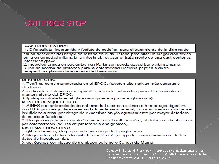 CRITERIOS STOP Delgado E. García M. Prescripción inapropiada de medicamentos en los pacientes, mayores: