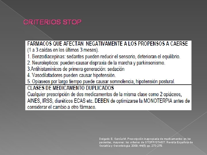 CRITERIOS STOP Delgado E. García M. Prescripción inapropiada de medicamentos en los pacientes, mayores: