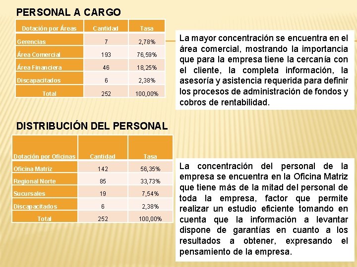 PERSONAL A CARGO Dotación por Áreas Cantidad Tasa 7 2, 78% Área Comercial 193