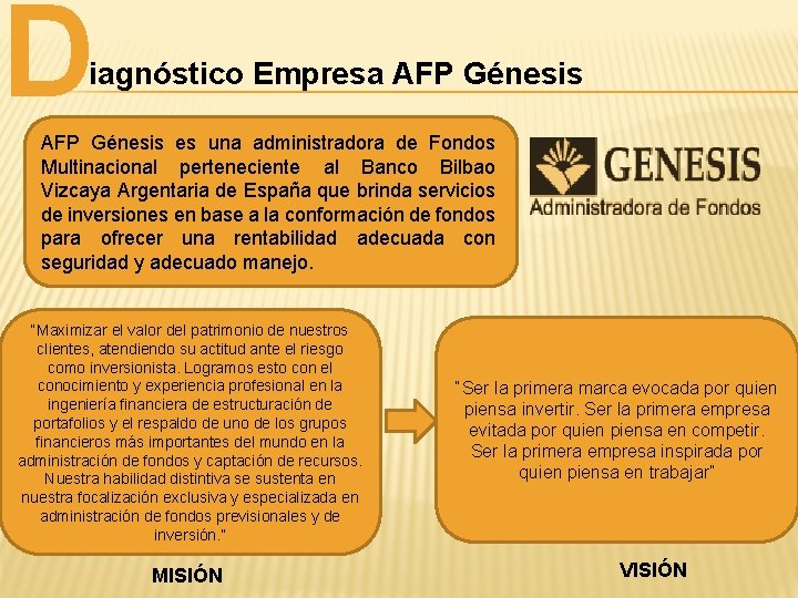 D iagnóstico Empresa AFP Génesis es una administradora de Fondos Multinacional perteneciente al Banco