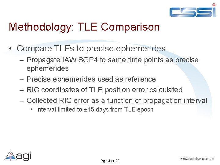 Methodology: TLE Comparison • Compare TLEs to precise ephemerides – Propagate IAW SGP 4