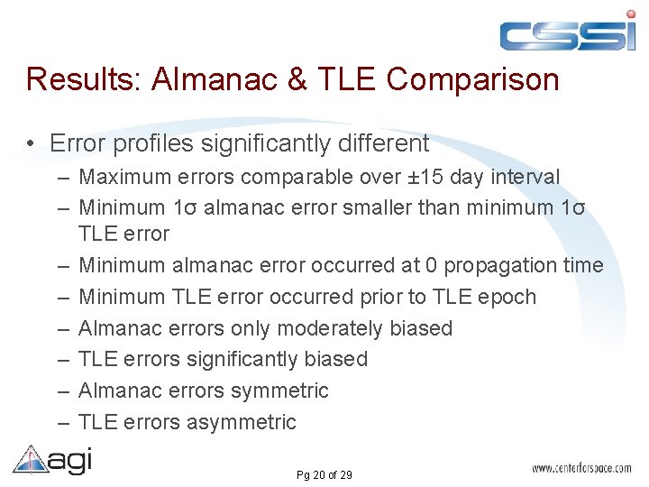 Results: Almanac & TLE Comparison • Error profiles significantly different – Maximum errors comparable