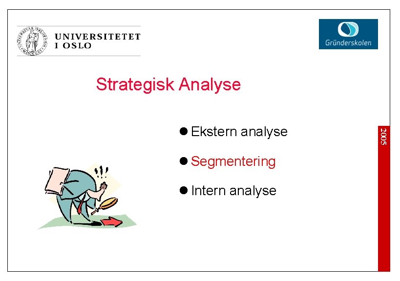 Strategisk Analyse l Segmentering l Intern analyse 2005 l Ekstern analyse 