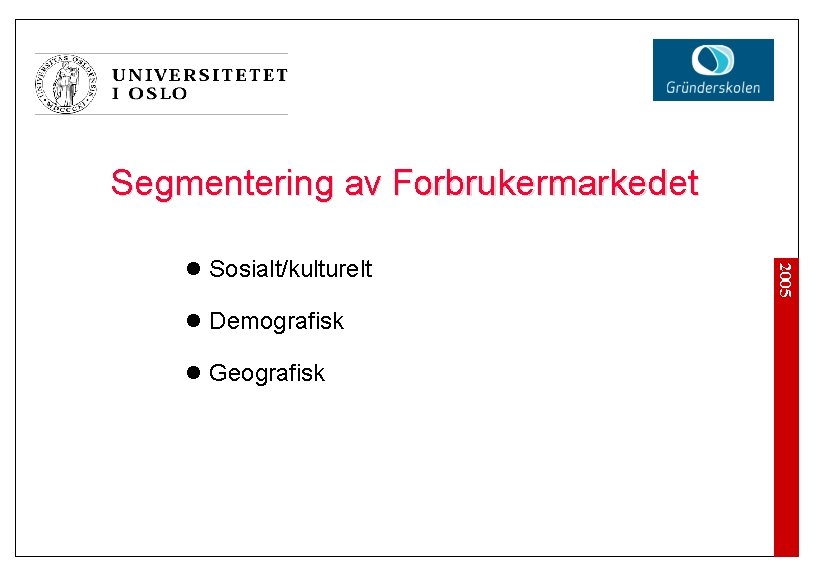 Segmentering av Forbrukermarkedet l Demografisk l Geografisk 2005 l Sosialt/kulturelt 