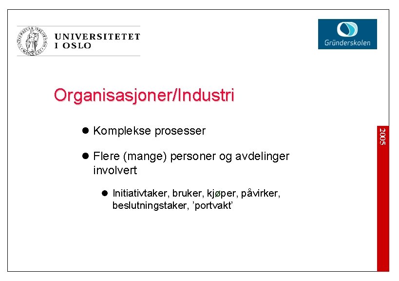 Organisasjoner/Industri l Flere (mange) personer og avdelinger involvert l Initiativtaker, bruker, kjøper, påvirker, beslutningstaker,