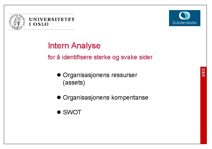 Intern Analyse for å identifisere sterke og svake sider l Organisasjonens kompentanse l SWOT