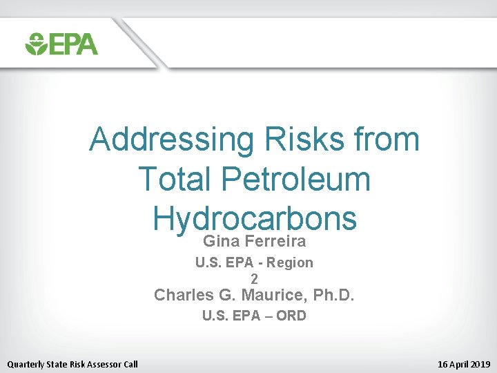 Addressing Risks from Total Petroleum Hydrocarbons Gina Ferreira U. S. EPA - Region 2