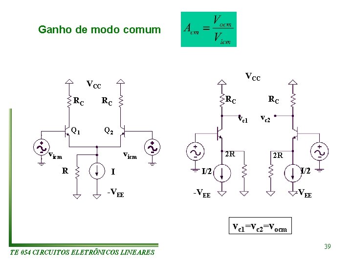 Ganho de modo comum VCC RC RC vc 1 Q 2 vicm R vc