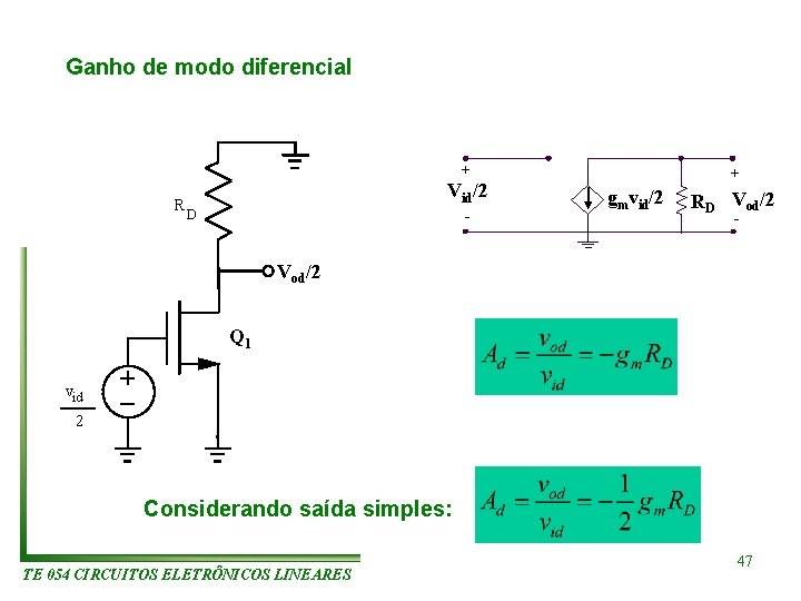 Ganho de modo diferencial + R Vid/2 D - + gmvid/2 RD Vod/2 -