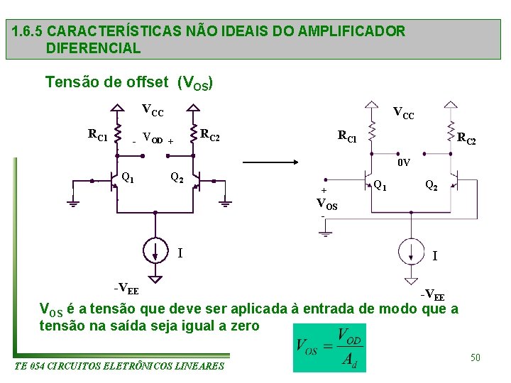 1. 6. 5 CARACTERÍSTICAS NÃO IDEAIS DO AMPLIFICADOR DIFERENCIAL Tensão de offset (VOS) VCC