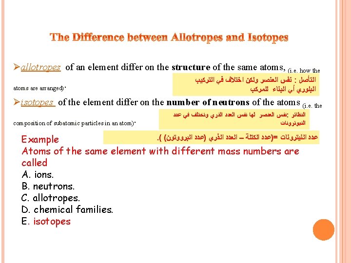Øallotropes of an element differ on the structure of the same atoms, (i. e. Øallotropes of an element differ on the structure of the same atoms, (i. e.