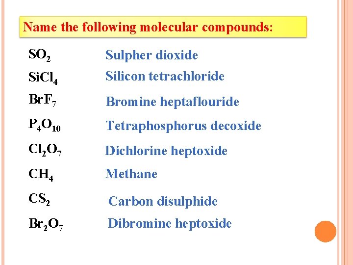 Name the following molecular compounds: SO 2 Sulpher dioxide Si. Cl 4 Silicon tetrachloride Name the following molecular compounds: SO 2 Sulpher dioxide Si. Cl 4 Silicon tetrachloride