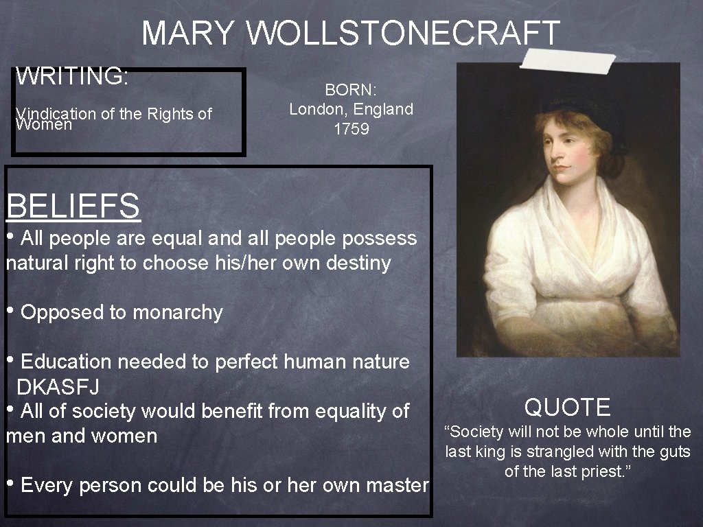 MARY WOLLSTONECRAFT WRITING: Vindication of the Rights of Women BORN: London, England 1759 BELIEFS