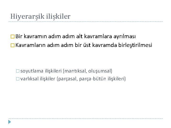 Hiyerarşik ilişkiler � Bir kavramın adım alt kavramlara ayrılması � Kavramların adım bir üst