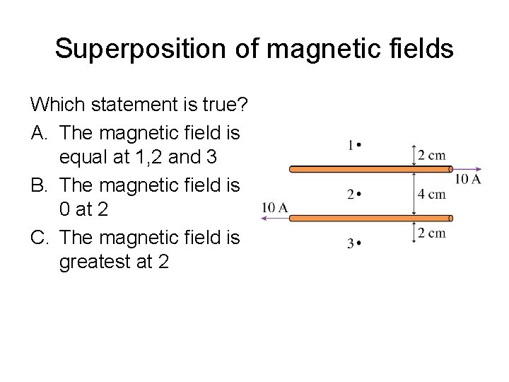 Superposition of magnetic fields Which statement is true? A. The magnetic field is equal