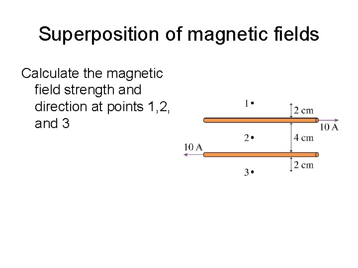 Superposition of magnetic fields Calculate the magnetic field strength and direction at points 1,