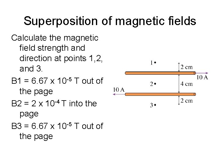 Superposition of magnetic fields Calculate the magnetic field strength and direction at points 1,