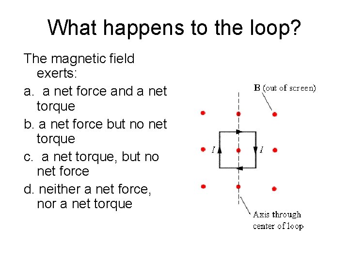 What happens to the loop? The magnetic field exerts: a. a net force and