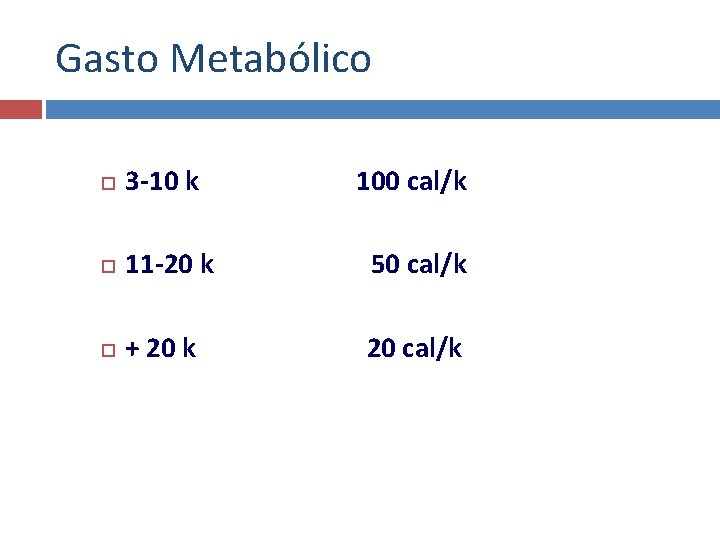 Gasto Metabólico 3 -10 k 100 cal/k 11 -20 k 50 cal/k + 20