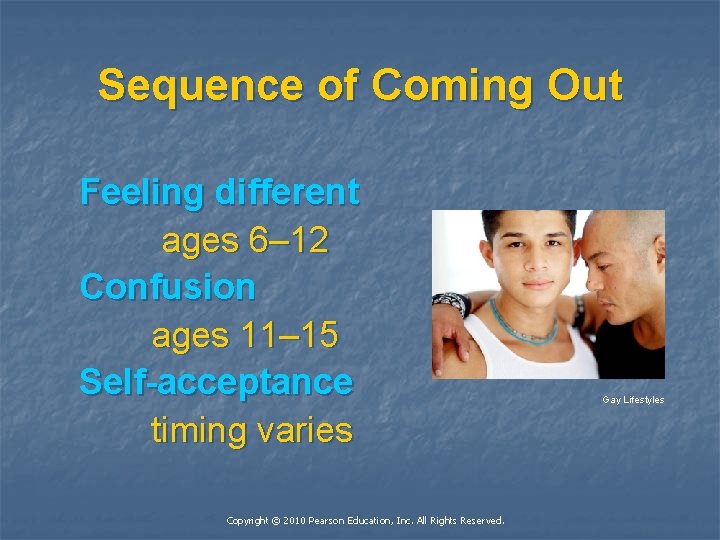Sequence of Coming Out Feeling different ages 6– 12 Confusion ages 11– 15 Self-acceptance