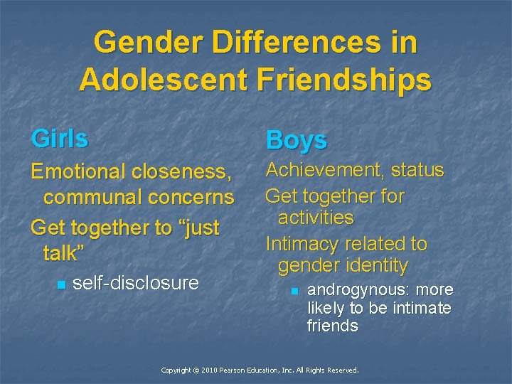 Gender Differences in Adolescent Friendships Girls Boys Emotional closeness, communal concerns Get together to