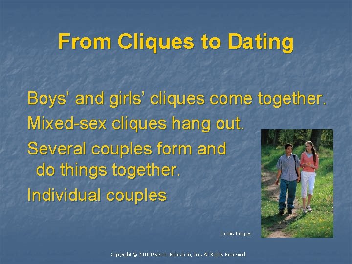 From Cliques to Dating Boys’ and girls’ cliques come together. Mixed-sex cliques hang out.