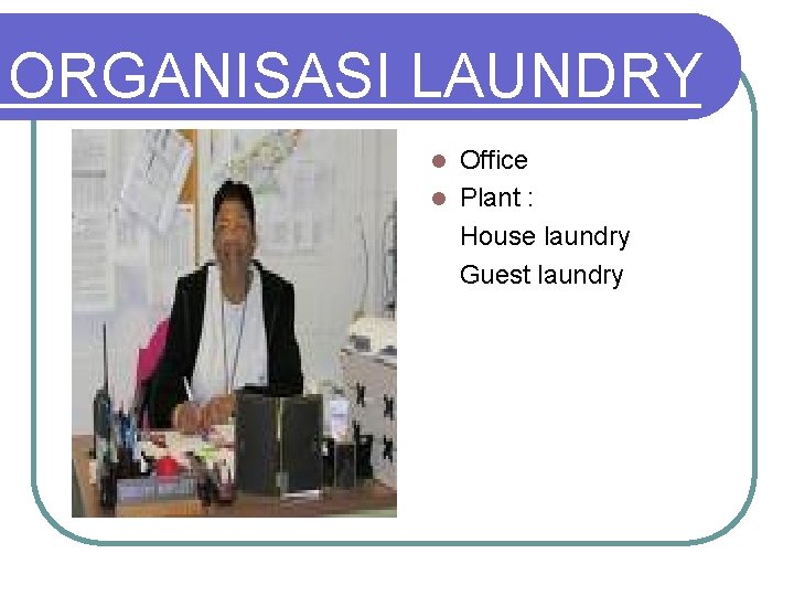 ORGANISASI LAUNDRY Office l Plant : House laundry Guest laundry l 