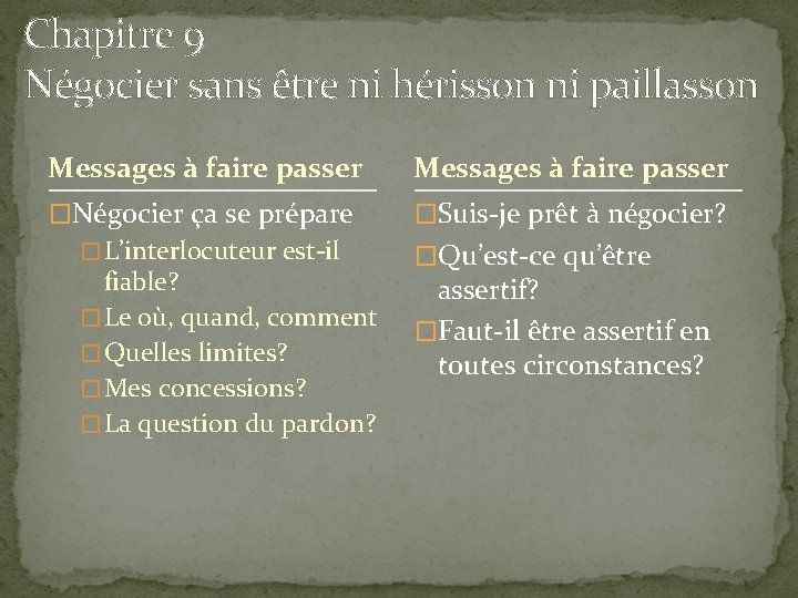 Chapitre 9 Négocier sans être ni hérisson ni paillasson Messages à faire passer �Négocier