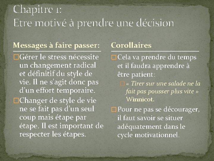 Chapitre 1: Etre motivé à prendre une décision Messages à faire passer: Corollaires �Gérer