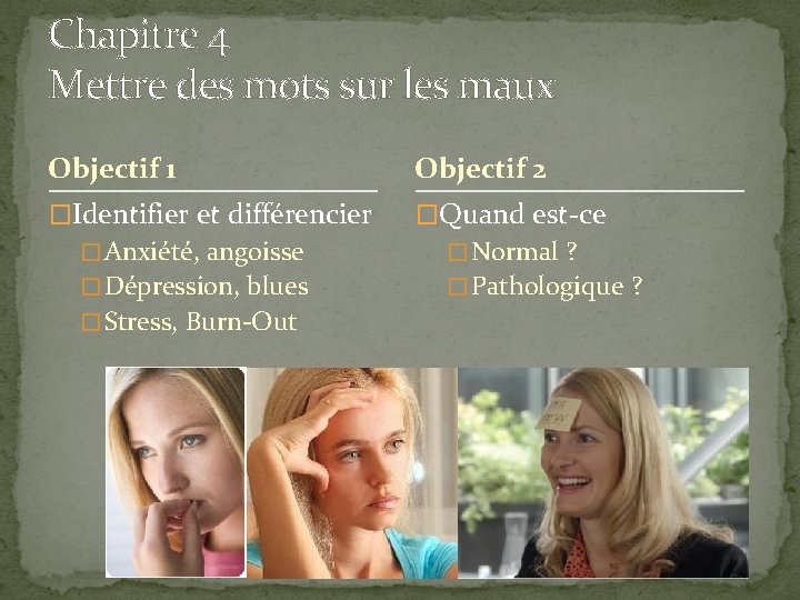 Chapitre 4 Mettre des mots sur les maux Objectif 1 Objectif 2 �Identifier et