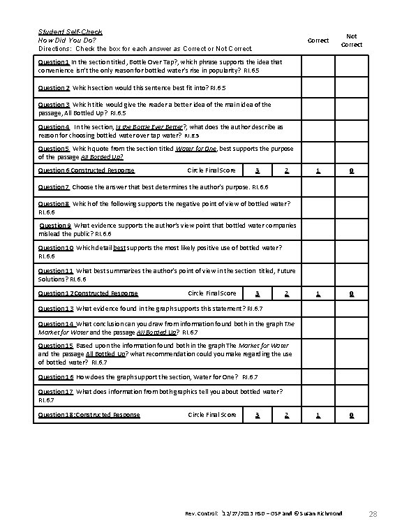 Student Self-Check How Did You Do? Directions: Check the box for each answer as
