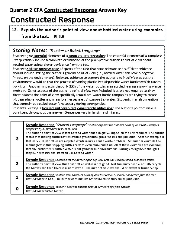 Quarter 2 CFA Constructed Response Answer Key Constructed Response 12. Explain the author’s point