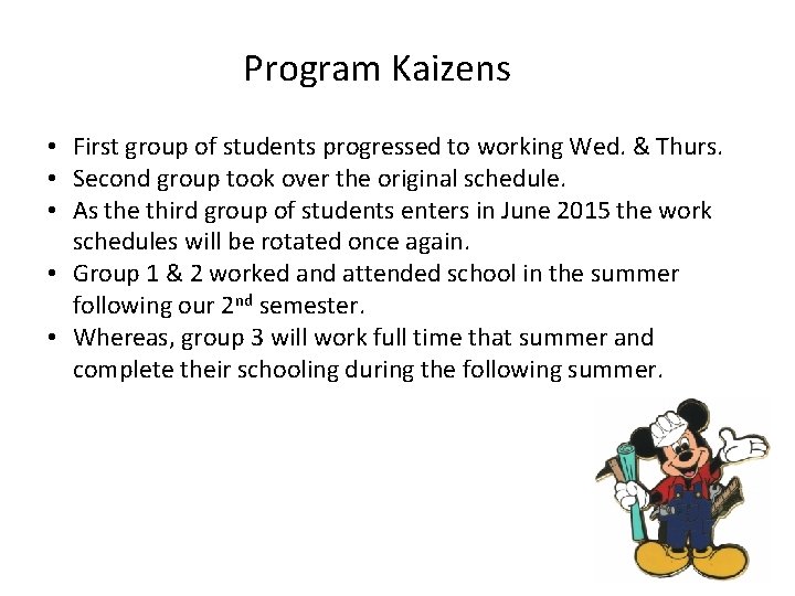 Program Kaizens • First group of students progressed to working Wed. & Thurs. •