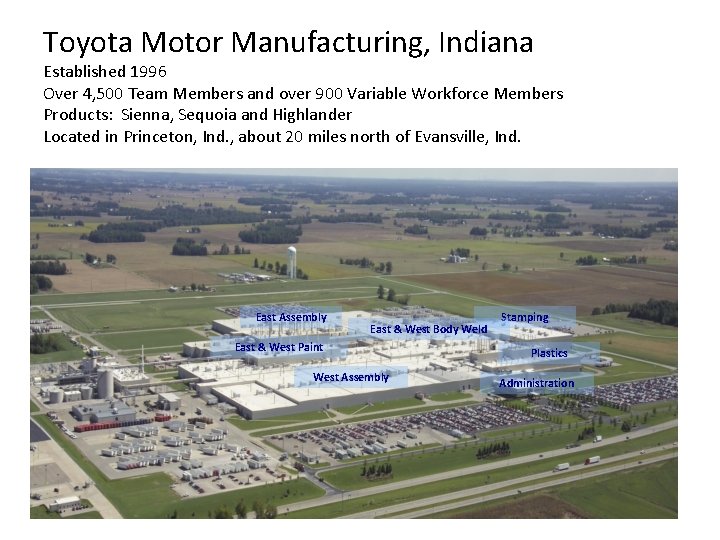 Toyota Motor Manufacturing, Indiana Established 1996 Over 4, 500 Team Members and over 900