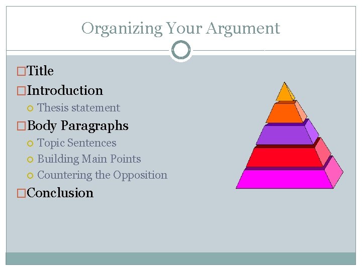 Organizing Your Argument �Title �Introduction Thesis statement �Body Paragraphs Topic Sentences Building Main Points