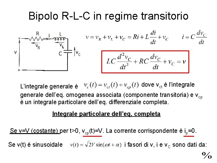 Bipolo R-L-C in regime transitorio dove vct è l’integrale L’integrale generale è generale dell’eq.