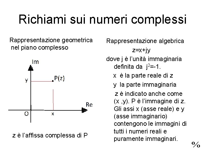 Richiami sui numeri complessi Rappresentazione geometrica nel piano complesso z è l’affissa complessa di