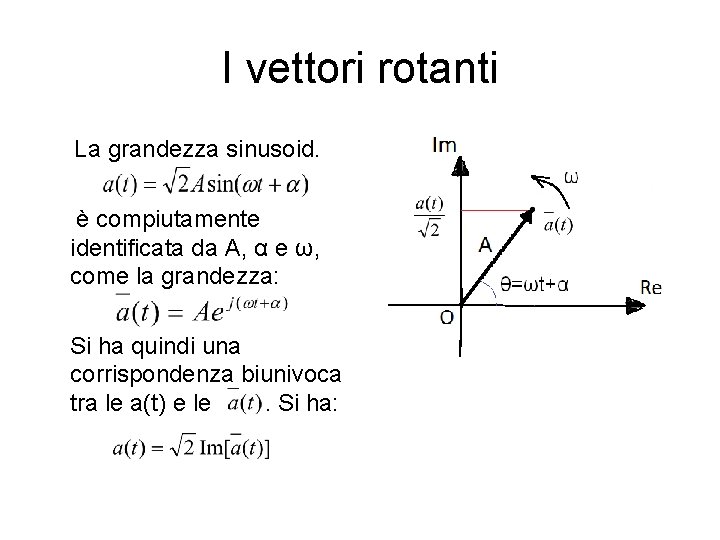 I vettori rotanti La grandezza sinusoid. è compiutamente identificata da A, α e ω,